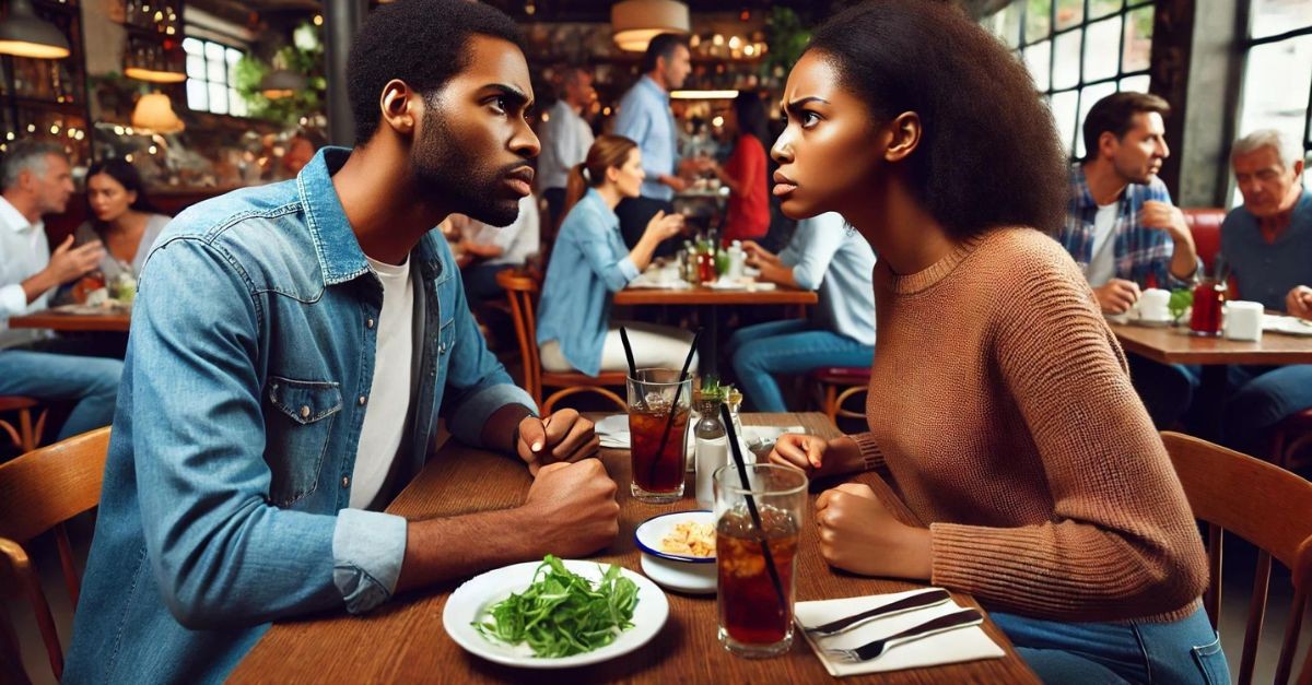 Married couple arguing in a restaurant; 4 common phrases that are wrecking Christian marriages.