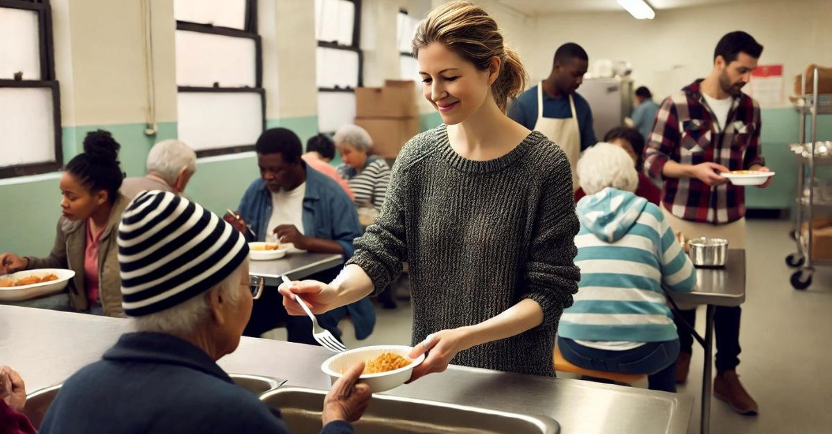 Woman volunteering at a homeless shelter