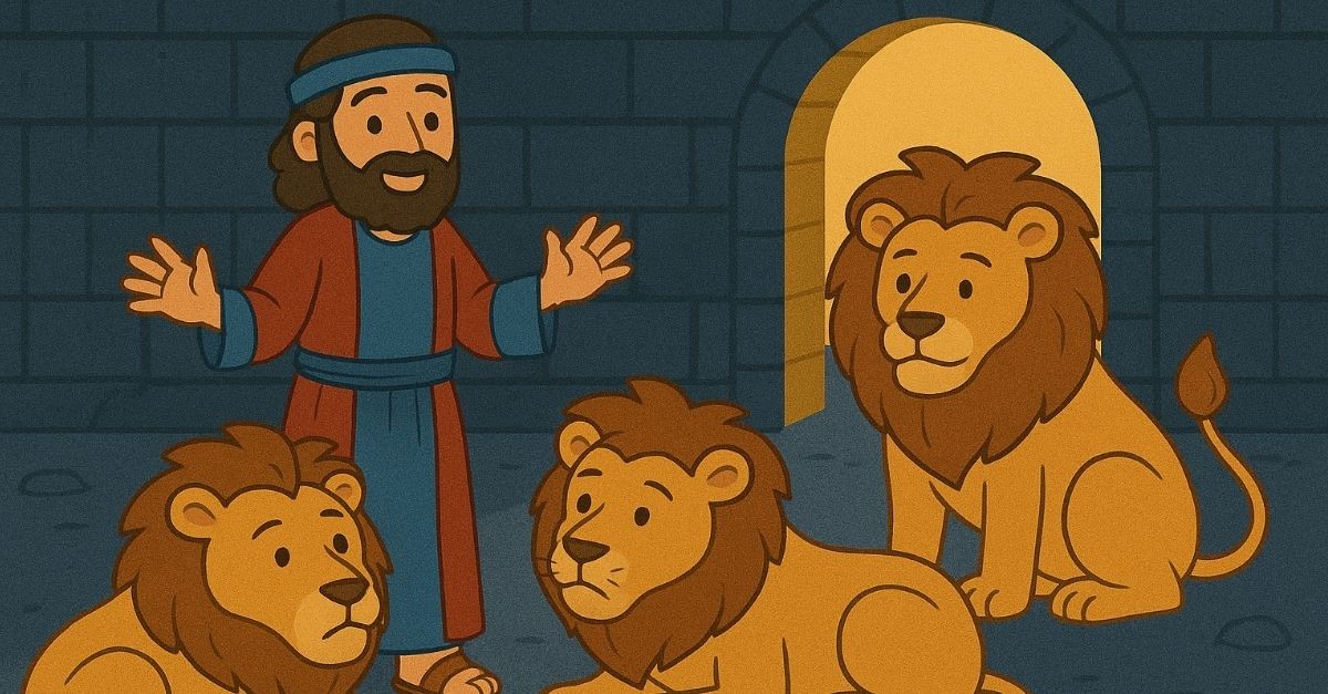 A Children's Illustration of Daniel in the Lion's Den