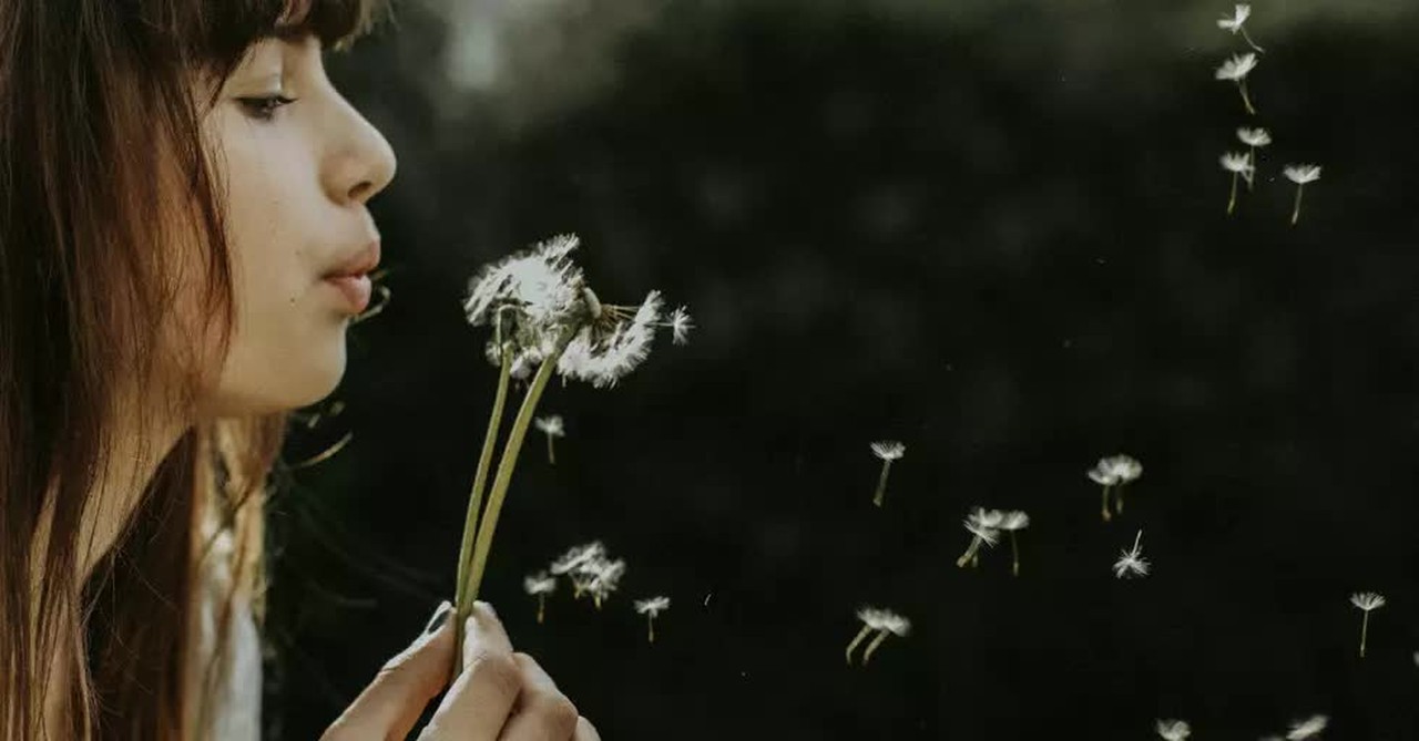 side view of woman blowing dandelion