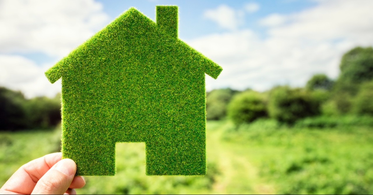 Green landscape with a small hedge in a shape of a house