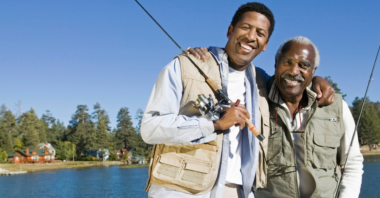 adult son and dad fishing Fathers Day