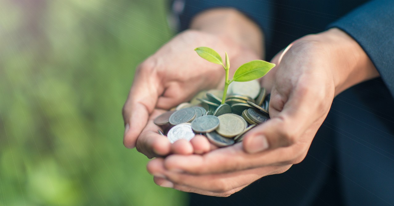 cupped hands giving coins seedling to illustrate what the bible says about managing money wisely