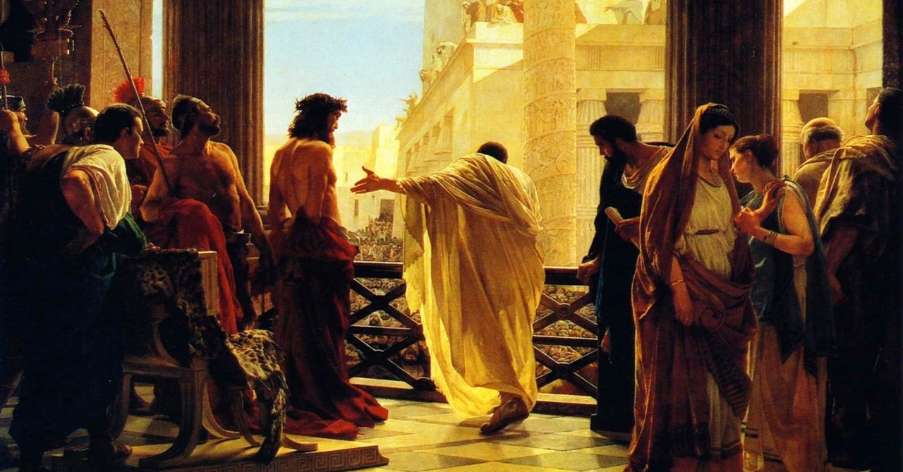 Classical painting of Pilate presenting Jesus to the crowd