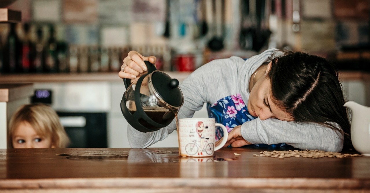 morning mom tired pouring coffee onto table falling asleep at breakfast, things mom should stop feeling ashamed about