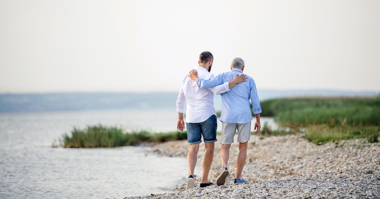 father and son together by a lake, prodigal son