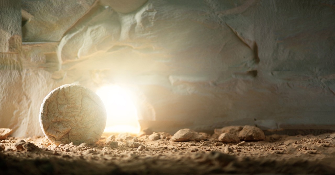 light coming from tomb with stone rolled away, christ arose