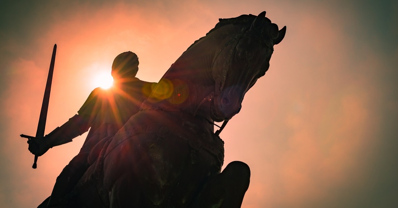 Soldier on horseback with sword in hand