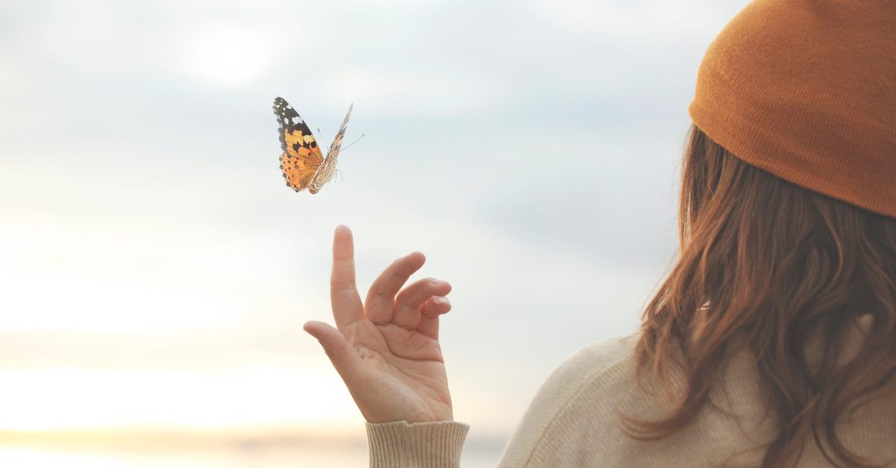 Woman pointing to a butterfly