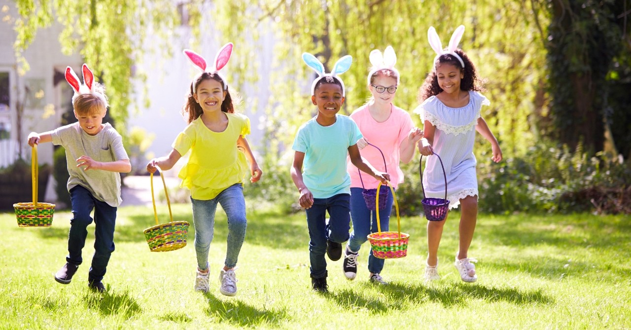 Children with Easter baskets and bunny ears