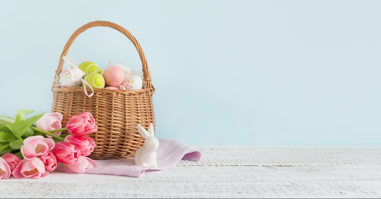 Easter basket, tulips, and bunny