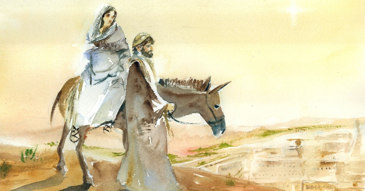 Painting of Mary and Joseph, traveling on a donkey