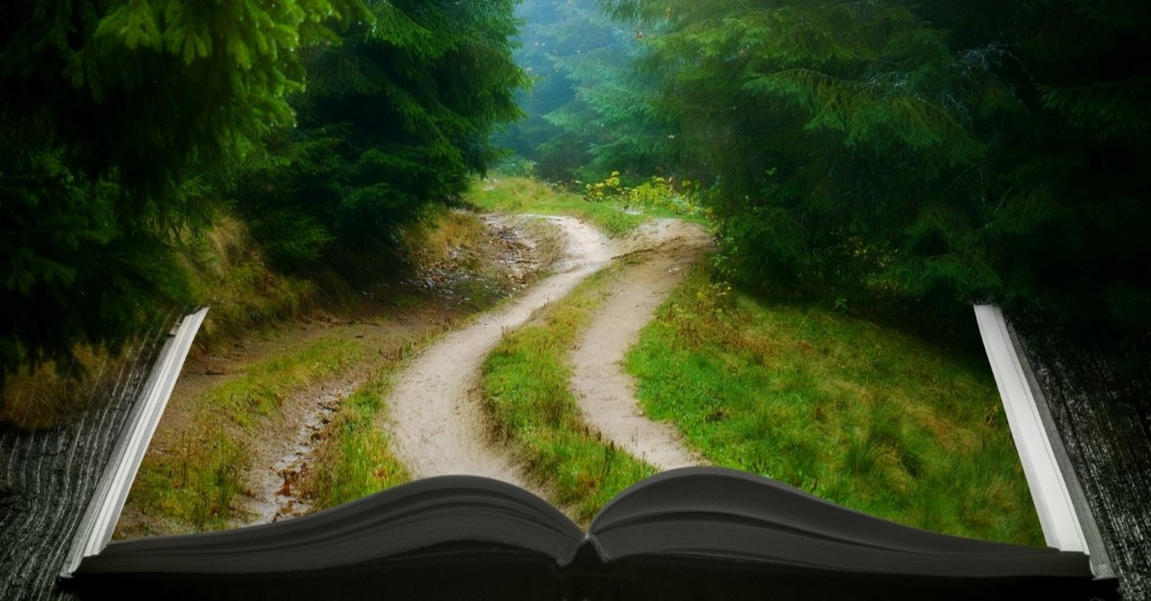 magical book with forest path coming out of pages, boxen by cs lewis