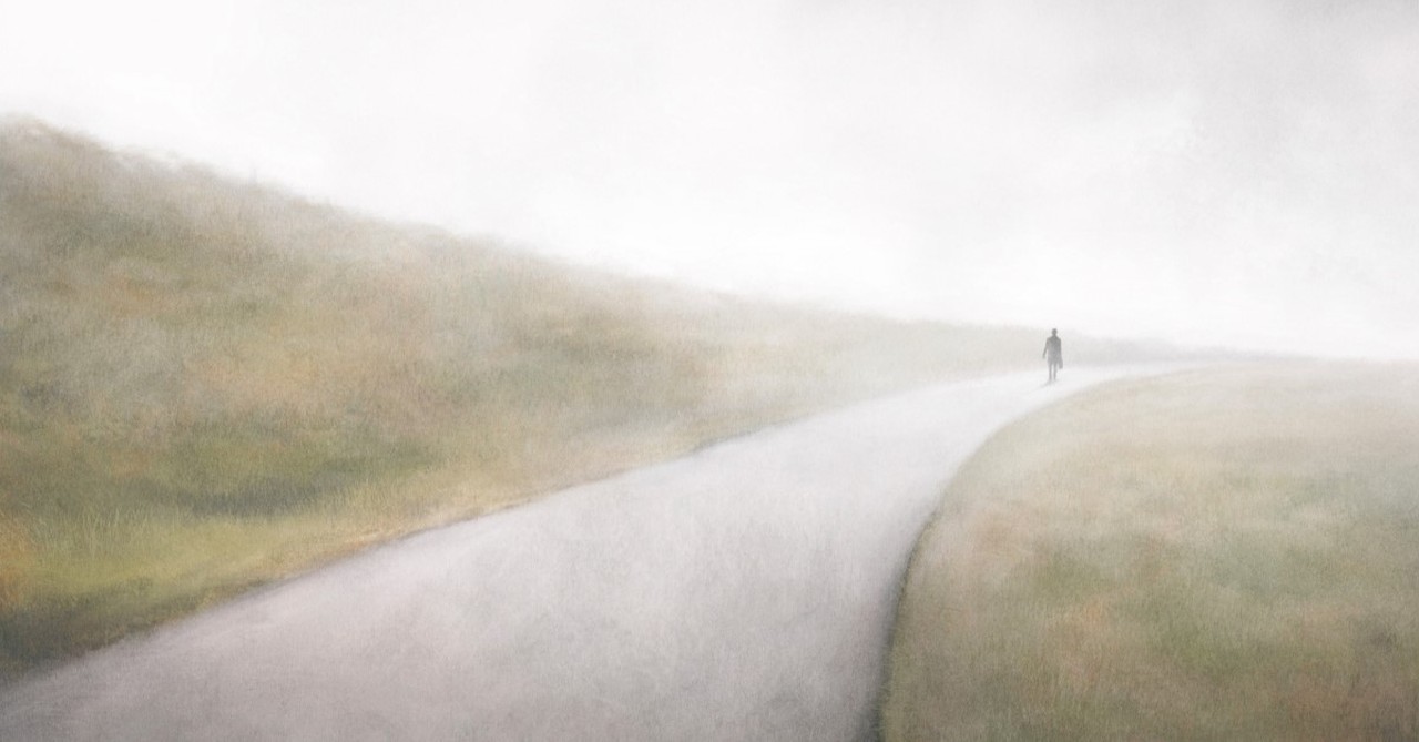 illustration of man walking in a country road, pilgrim's regress by cs lewis