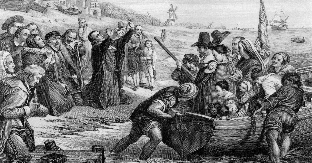 Pre-1887 engraving of Pilgrims leaving England