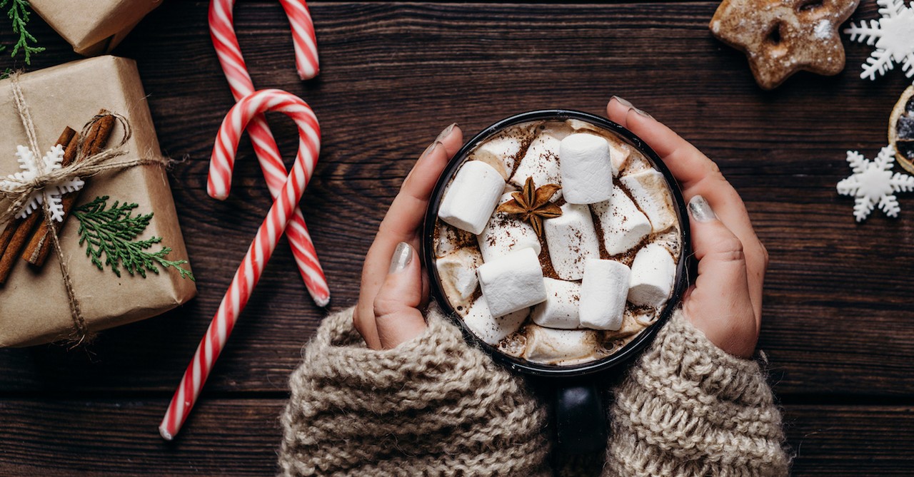 Cozy hot chocolate Christmas holiday drink with peppermint