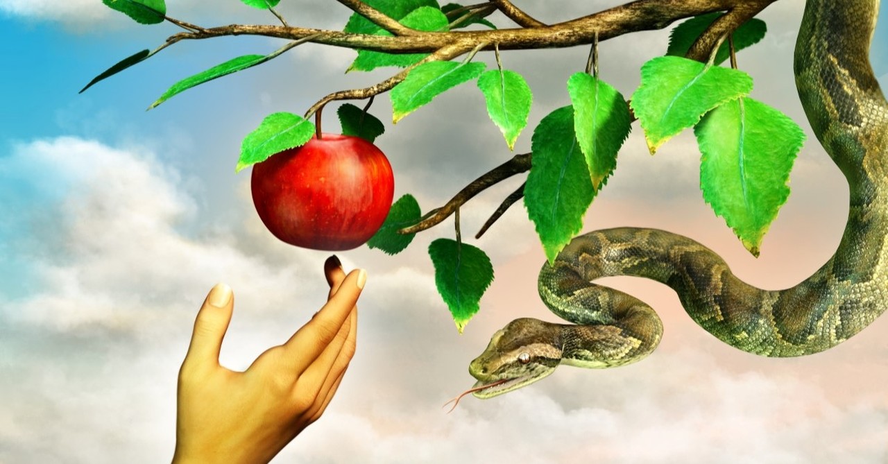 eve reaching out to touch apple with snake wrapped around tree, garden of eden nativity easter cros