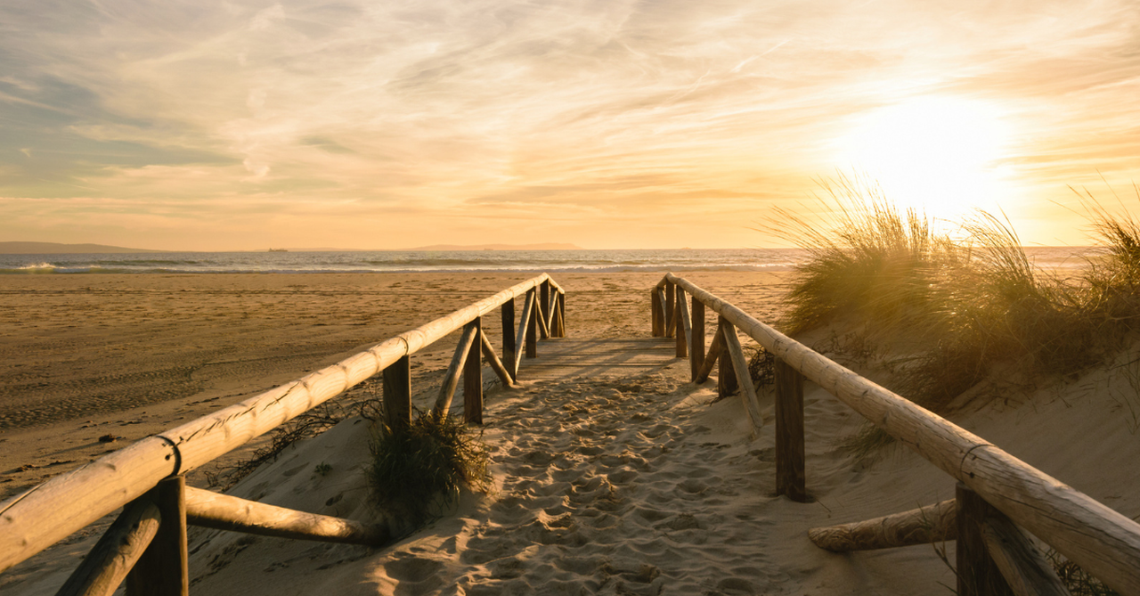 Footprints on the beach at sunset.