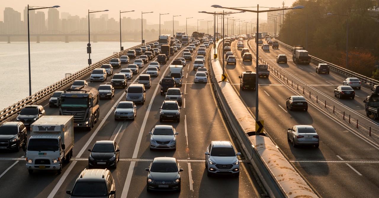 Traffic jam on a highway in the morning