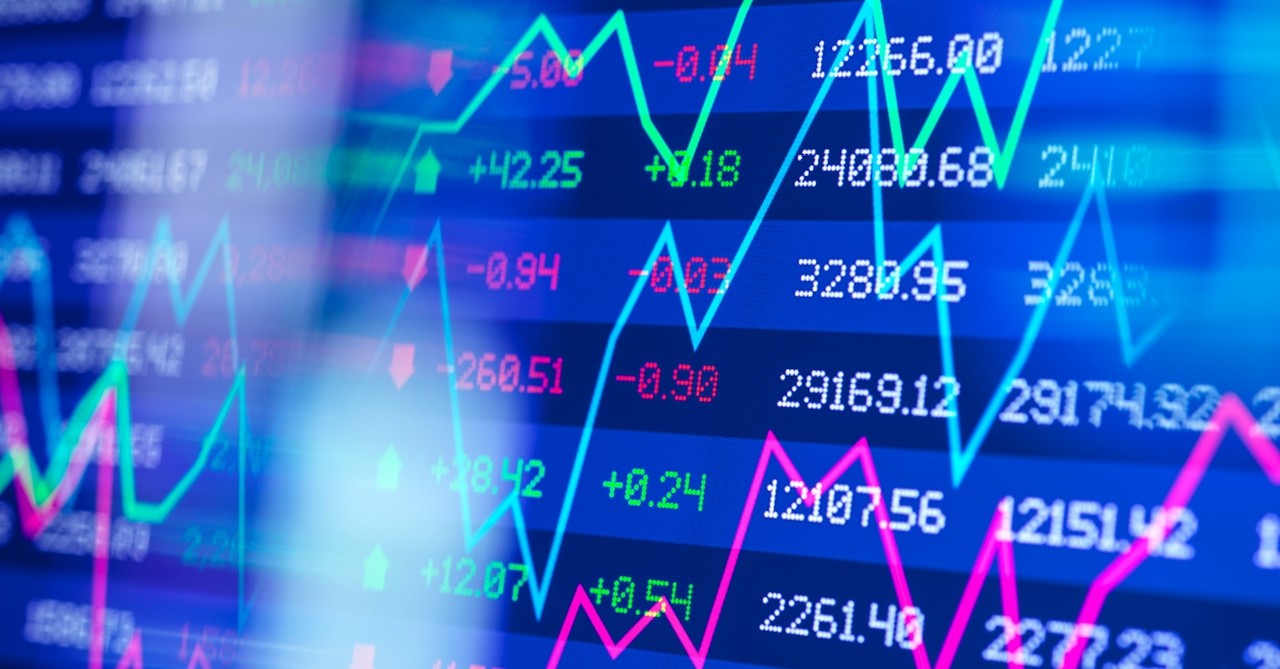 Screen showing stock prices rising and falling