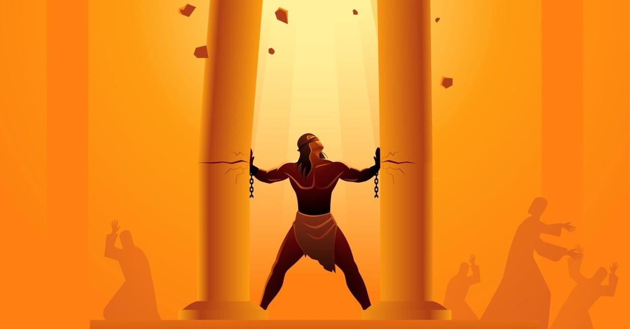 Illustration of Samson pulling down the pillars