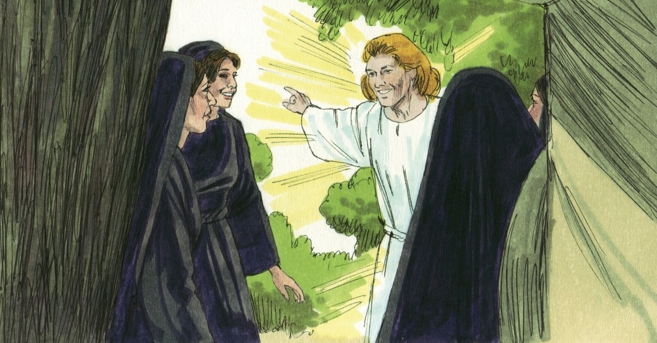 women talking to angel at empty tomb, women in easter story