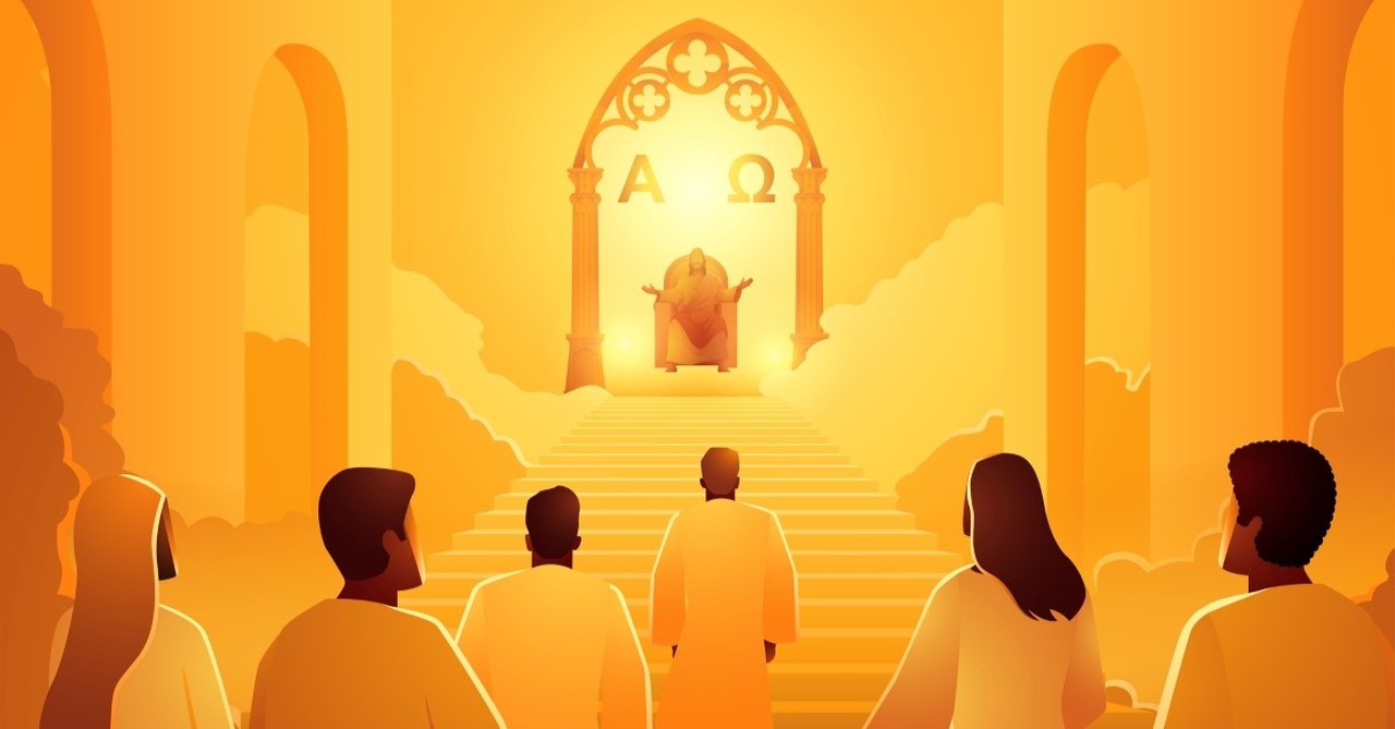 believers walking toward jesus' throne