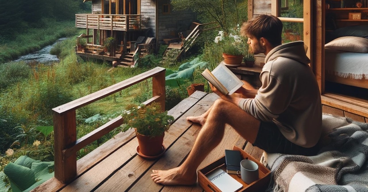 man remote getaway trip airbnb reading outside with coffee