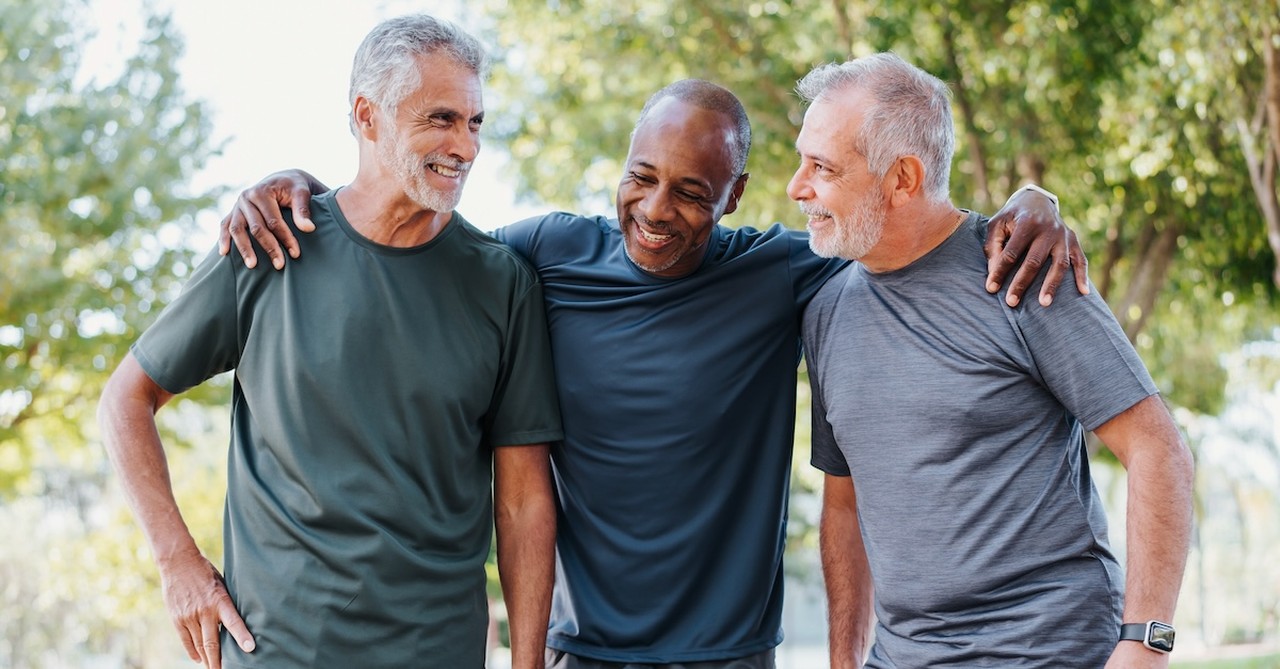 Senior men friends outside working out exercise