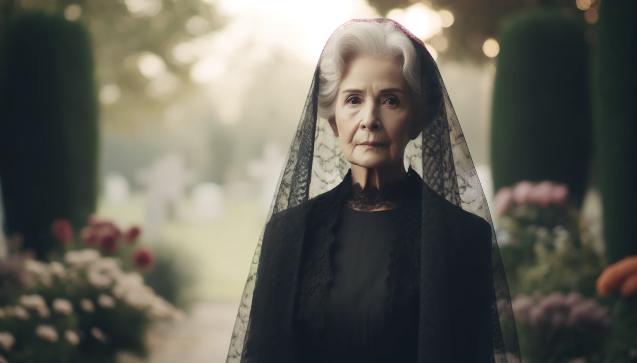 elderly widow in grieving clothes