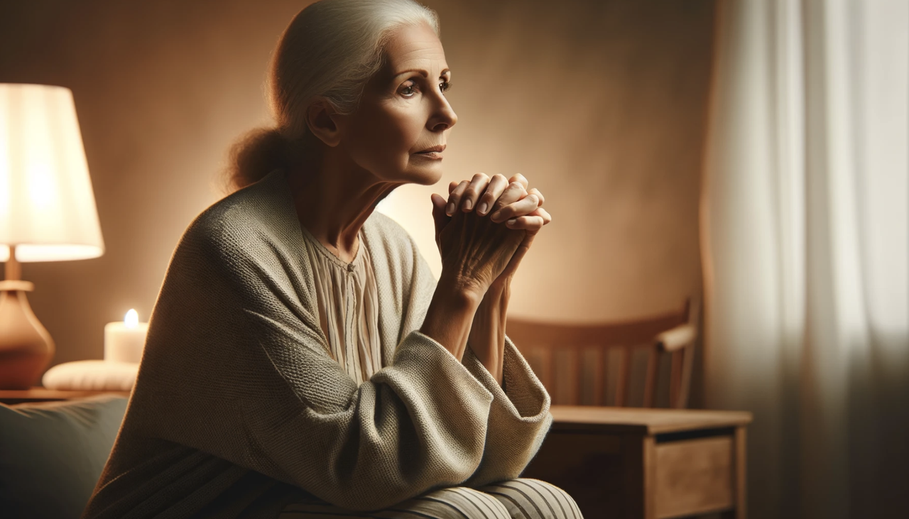 grieving widow praying, AI