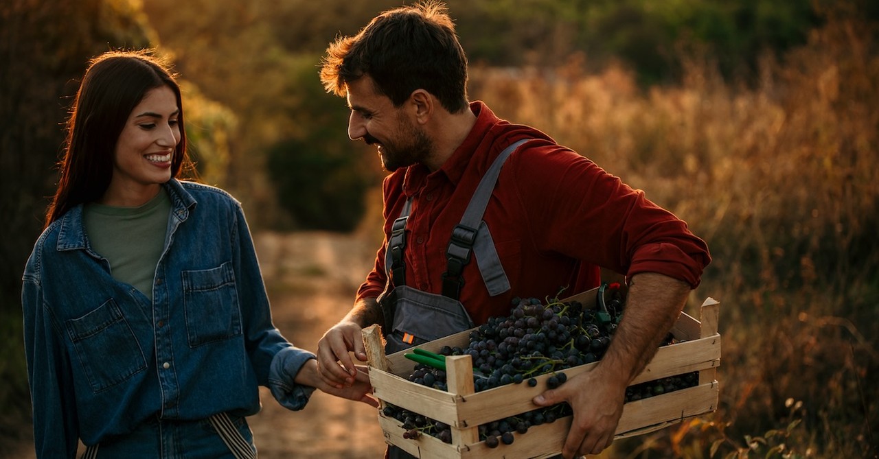 Happy married couple harvesting fruit from garden in fall