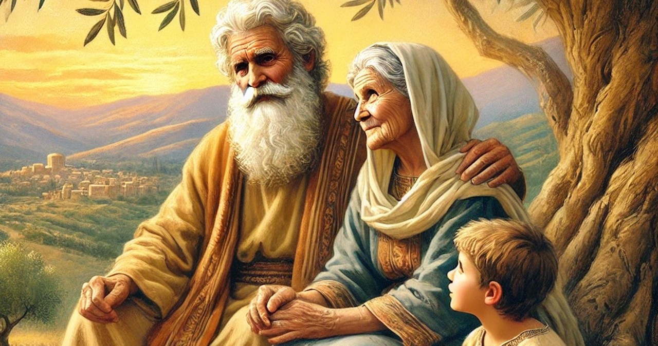 Senior grandparents in Bible characters with grandson