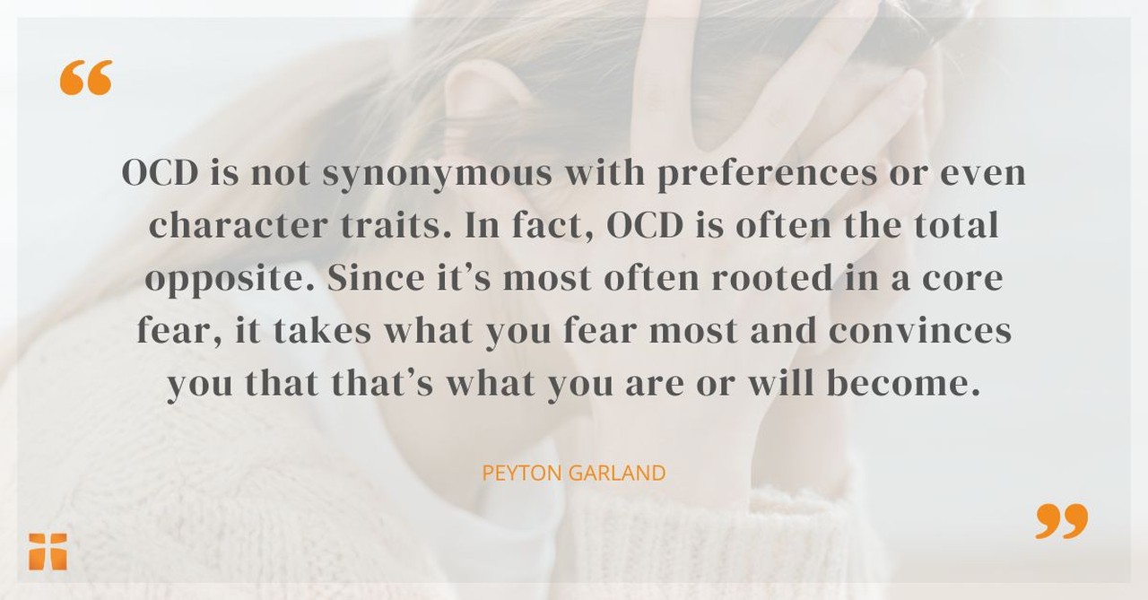 Woman holding her head in distress beside a quote explaining that OCD is rooted in fear rather than personality traits or preferences.