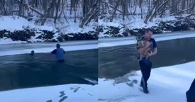 Brave Man Heroically Wades into Icy Water To Rescue Pup 