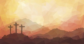 Artistic illustration of three crosses on a hill