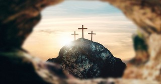 View of the three crosses from the empty tomb