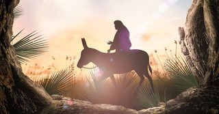 Illustration of Jesus riding on a donkey surrounded by palms
