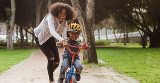 Mother and son biking