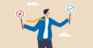 Illustration of a man holding two signs, one for right and one for wrong