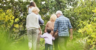 Back view of a family walking together in an orchard