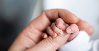Newborn and adult holding hands