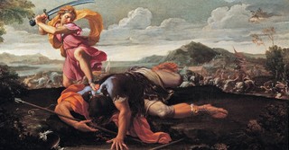 Classical painting of David slaying Goliath