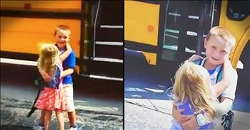 Little Sister Hugs Big Brother When He Gets Off The Bus