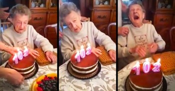 102-Year-Old Blows Out Birthday Candles In The Funniest Way