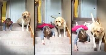 Funny Girl Teaches Dog To Get Down Stairs