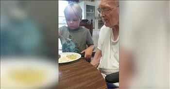 Caring Kid Feeds Great Granddad With Alzheimer's
