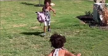 1-Year-Old Runs To Hug Big Sister At The Bus Stop