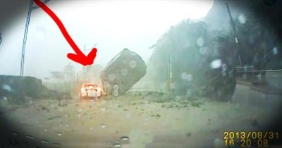 A Giant Boulder Nearly Crushes Car In Mudslide 