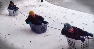 Dad Takes Kids On Amazing Laundry Basket Sleigh Ride 